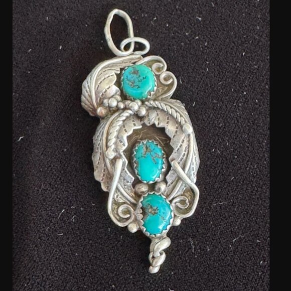 Vintage Sterling Silver Pendant w/3 Natural Turquoise Stones Marked RN 925 - Picture 1 of 3